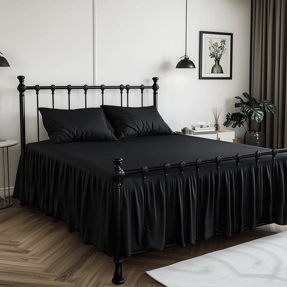 Bed Skirt Twin Size Ruffled Bed Skirt with Split Corners, 14 Inch Drop Dust Ruffle Bed Skirt with Platform, Black