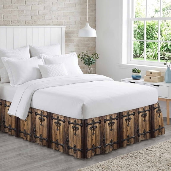 Bed Skirt Wooden Door Adjustable Elastic Wrap-Around Dust Ruffle with Barn Door 18 Inch Drop, Bed Frame Cover for Cal King Bed