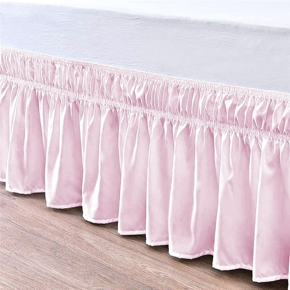 Bed Skirt Wrap Around 12" Drop, Fully Elastic Dust Ruffle, Extra Soft and Luxury, Fade Resistant, Machine Washable Luxurious Fabric, Full Size - Pink Solid.