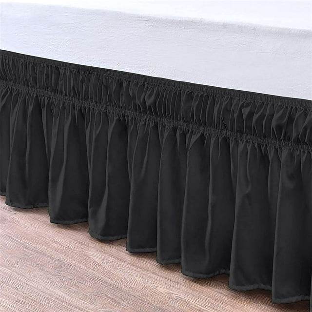 Bed Skirt Wrap Around 12" Drop, Fully Elastic Dust Ruffle, Extra Soft and Luxury, Fade Resistant, Machine Washable Luxurious Fabric, Twin XL Size - Black Solid.