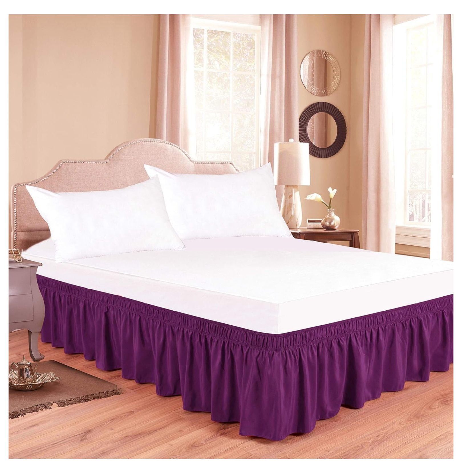 Bed Skirt Wrap Around Elastic Dust Ruffles Solid Color Wrinkle and Fade Resistant with Adjustable Elastic Belt 15 Inch Drop