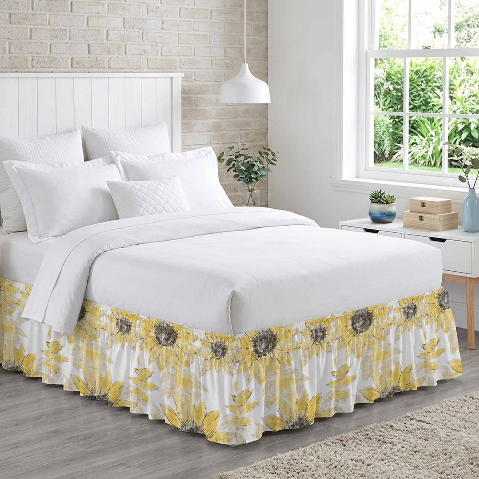 Yellow Ruffle Frame Bed Skirt Yellow Sunflower Adjustable Elastic Wrap-Around Dust Ruffle ...