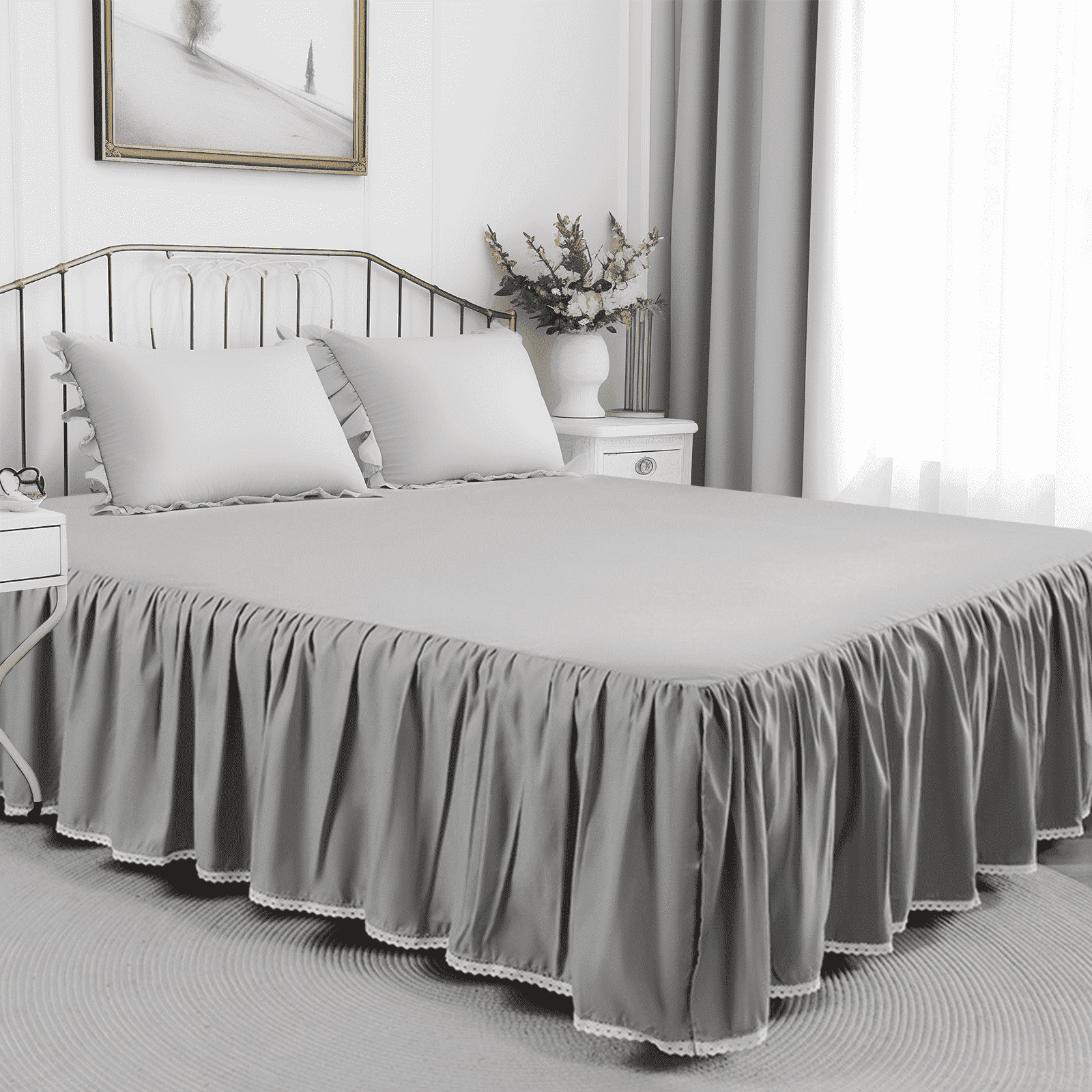 Bed Skirt with Split Corners King Size 14 Drop Ruffled Bed Skirt Lightweight Dust Ruffle Crochet Edge French Country Style Grey