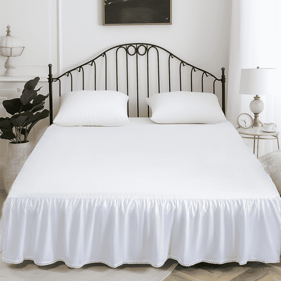 Bed Skirt with Split Corners, Twin Size 14" Drop Ruffled Bed Skirt, Lightweight Dust Ruffle, Crochet Edge, French Country Style, White