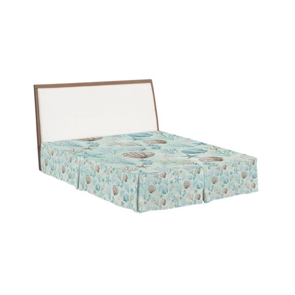 Bed Skirts Queen Size 16 Inch Tailored Drop Teal Green Starfish Shell Wrap Around Bed Skirt with Split Corners Bedskirt Coral Ocean Marine Life Dust Ruffle Pleated for Queen Bed Skirt Bedroom Decor