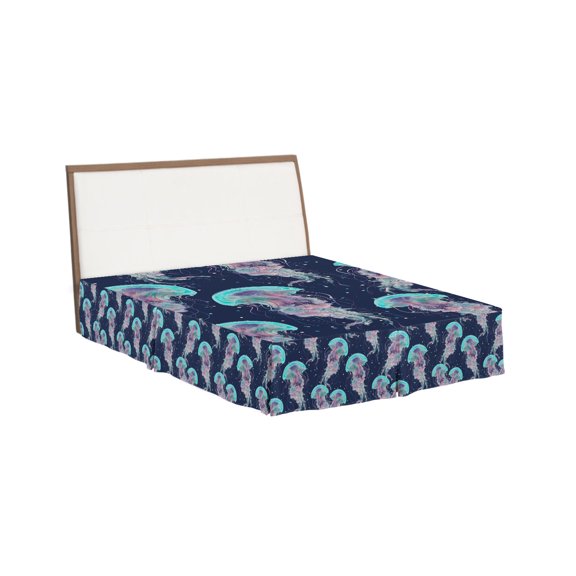 Bed Skirts Queen Size 18 Inch Tailored Drop Blue Purple Jellyfish Wrap Around Bed Skirt with Split Corners Bedskirt Coastal Ocean Bubbles Dust Ruffle Pleated for Queen Bed Skirt Bedroom Decor