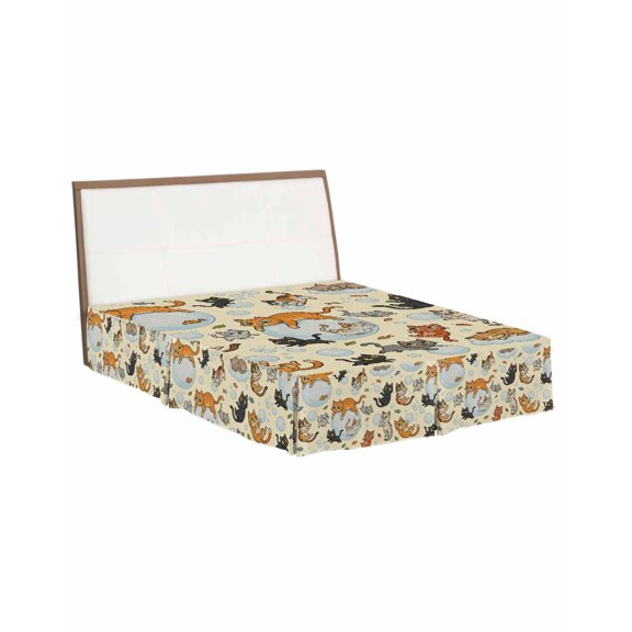 Bed Skirts Queen Size 18 Inch Tailored Drop Bubble Cute Cat Wrap Around Bed Skirt with Split Corners Bedskirt Yellow Playing Animal Catty Fish Dust Ruffle Pleated for Queen Bed Skirt Bedroom Decor