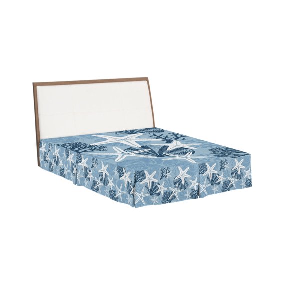 Bed Skirts Queen Size 18 Inch Tailored Drop Haze Blue Linen Ocean Starfish Wrap Around Bed Skirt with Split Corners Bedskirt Coastal Coral Conch Dust Ruffle Pleated for Queen Bed Skirt Bedroom Decor