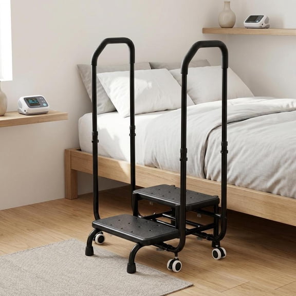 Bed Step Stool with Handrail for High Beds, Portable 2 Step Ladder with Wheels and Adjustable Height for Adults, Ideal for Bedroom, Kitchen, Bathroom, and RV