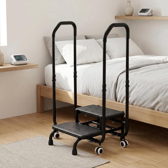 Bed Step Stool with Handrail for High Beds, Portable 2 Step Ladder with Wheels and Adjustable Height for Adults, Ideal for Bedroom, Kitchen, Bathroom, and RV