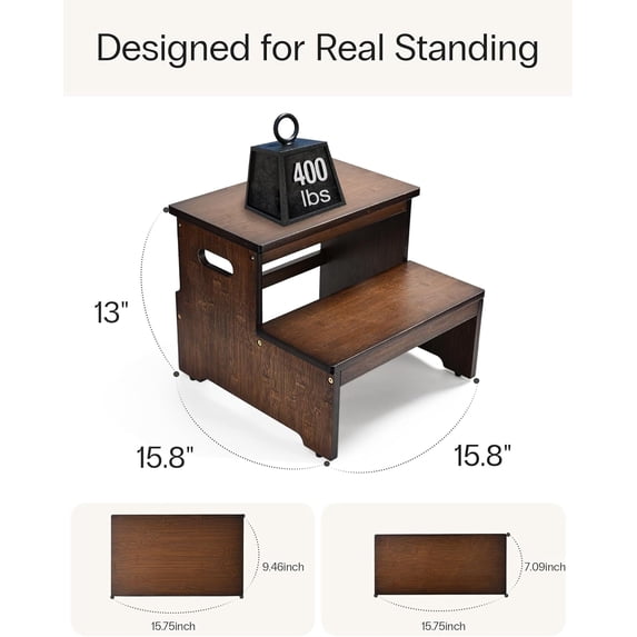 Bed Step Stool - Heavy Duty 2-Step for Adults & Seniors, 400 lbs Capacity, Non-Slip Wood Steps for Bedroom Bathroom
