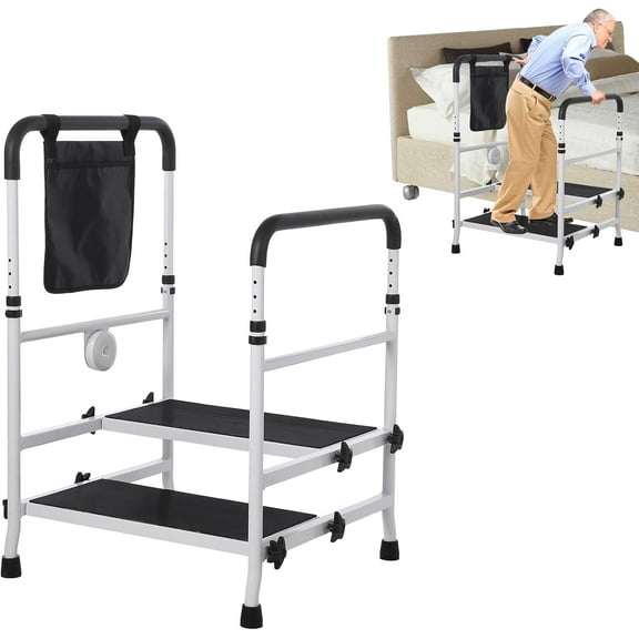 Bed Step Stool for High Bed for Elderly, Bed Rails for Elderly with Adjustable Height Bed Step Stool, Bed Safety Rail Up to 450 Lbs with Handicap Grab Bars for Fall Prevention for Bedside,Bathtub