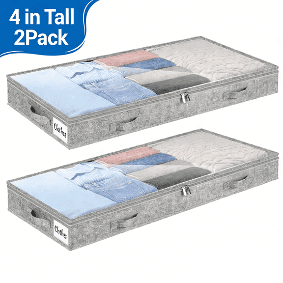 Under Bed Storage, Below 4 Inches High Underbed Storage Containers Low Profile, no structure, Foldable Shallow Storage Bags Bins Organizer Clothes with Clear Lid & Zipper, 2-Pack, 20x40x3.7in