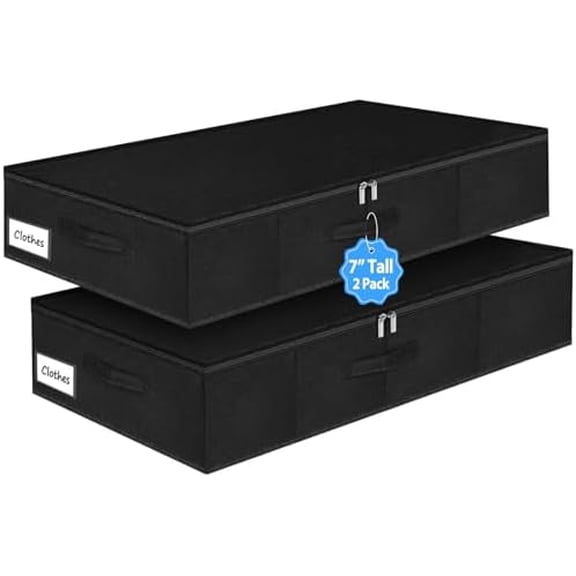 Under Bed Storage Bags with Zipper, 7 Inch Tall Underbed Storage Containers with Rigid Sides & Bottom,30x15x6.7 Inches, Large Clothes Organizer Box for Bedroom, Dorm, Couch, Black