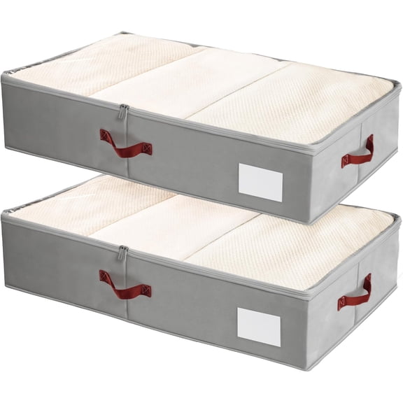 Under Bed Storage Bins with Clear PVC - 2 Large Underbed Organizers with Heavy-Duty Handles, Reinforced with 800G PP Panels & 80G Non-Woven Fabric - & Foldable, Gery
