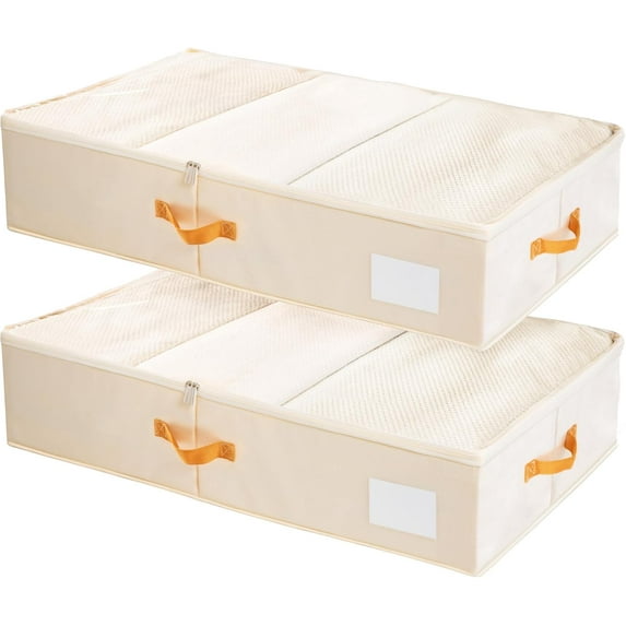 Under Bed Storage Bins with Clear PVC Lids – 2 Pack Large Underbed Organizers with Heavy-Duty Handles, Reinforced with 800G PP Panels & 80G Non-Woven Fabric – Waterproof & Foldable, Beige