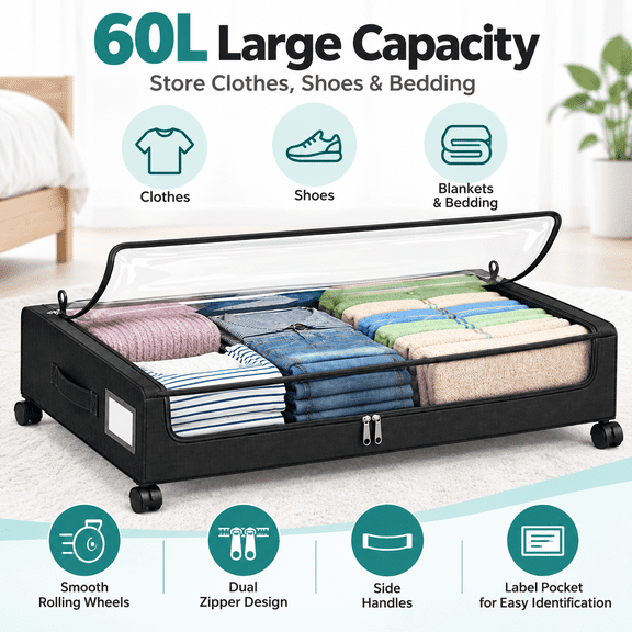 Ibiwe Under Bed Storage Bin with Wheels and Clear Zippered Lid, Black