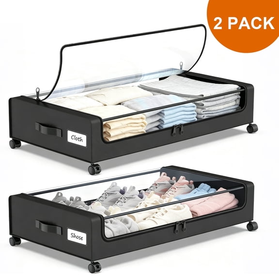 Under Bed Storage Box with Wheels, 48L Large Capacity Foldable Rolling Organizer with Clear Window & Zipper Lid, Space Saving Storage Bin for Clothes Bedding Shoes, 2 Pack, Black