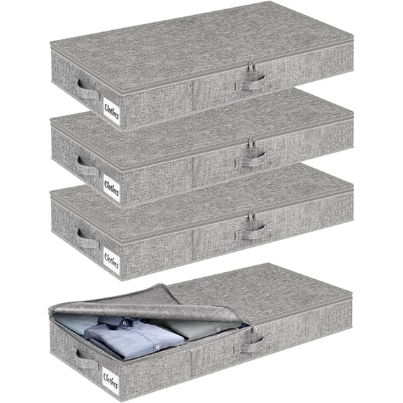 Under Bed Storage Container Bin 4 Pack, 4.5 Inch Slim Low Profile Underbed Clothes Storage Organizer for Dorm & Home, Use for Blanket and Toy Storage Box W/ Sturdy Bottom/Sides, Foldable Thick Fabric