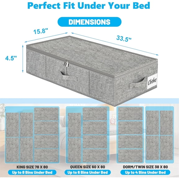 Under Bed Storage Container Bin 4 Pack, 4.5 Inch Slim Low Underbed Clothes Storage Organizer for Dorm & Home