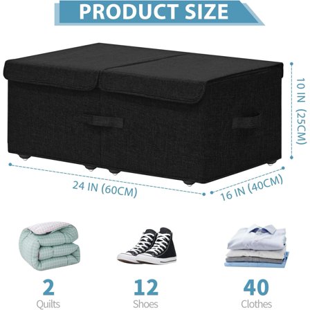 Under Bed Storage Container with Wheels, 2 Pack 10" High Deep Underbed Rolling Box Storage Bins for Bedroom, Dorms, Clothes, Shoes, Blankets - Black