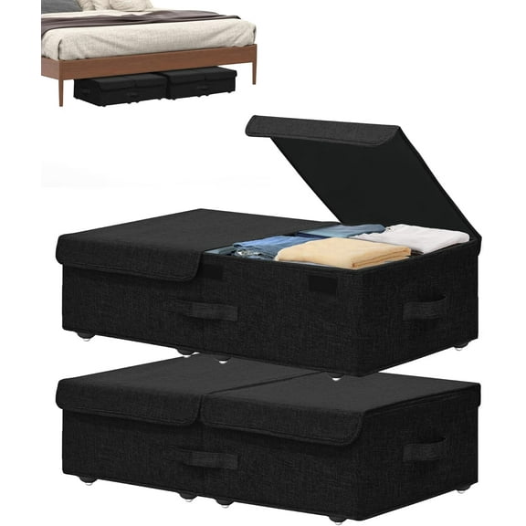 Under Bed Storage Container with Wheels, 2 Pack 5.5" High Deep Underbed Rolling Box Storage Bins Drawers with Lids for Bedroom, Dorms, Clothes, Shoes, Blankets, No Assemble Required, Black