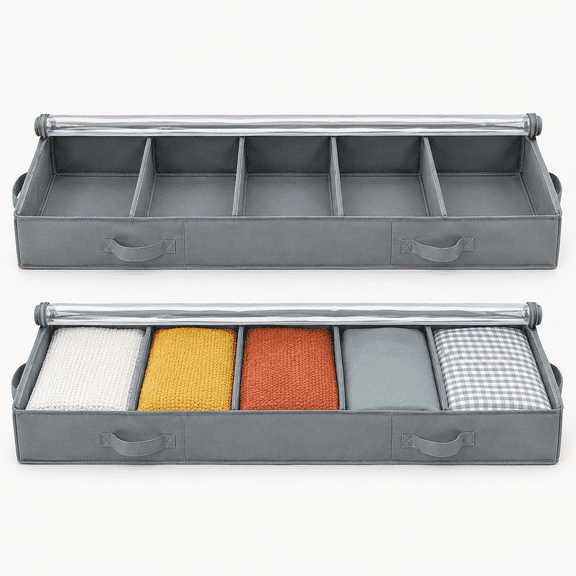 Under Bed Storage Containers, 2 Pack Under the Bed Bags, Clear Underbed Storage Bins with Sturdy Adjustable Dividers Sidewalls Bottom, Closet Organizer for Clothes Sheet Blankets, 47.5x16x6in