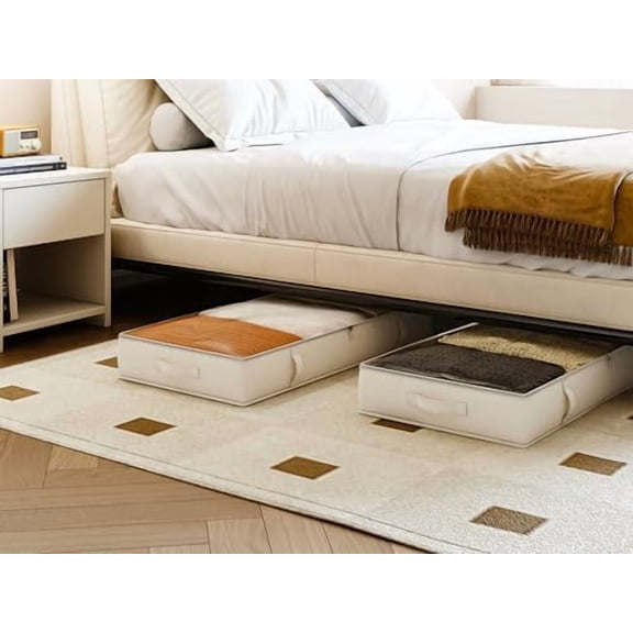 Under Bed Storage Containers, 6 Inches Tall 60L Underbed Storage Bins with Sturdy Handles and Sidewalls, Closet Organizer for Clothes, Blankets, Seasonal Items, Beige, 2-Pack