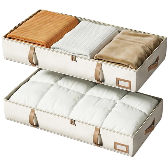 Under Bed Storage Containers 60L, 6 Inch Tall Storage Bins with Durable Handles and Sidewalls, Closet Organizer for Clothes Blankets Seasonal Items, 2-Pack Beige