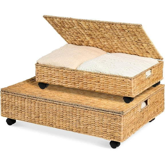Under Bed Storage Containers with Lid, Wheels and Handles, 2-PACK Large Handwoven Water Hyacinth Closet Organizer, Shoe Storage Bins, Multi-Purpose Nesting Baskets - Natural
