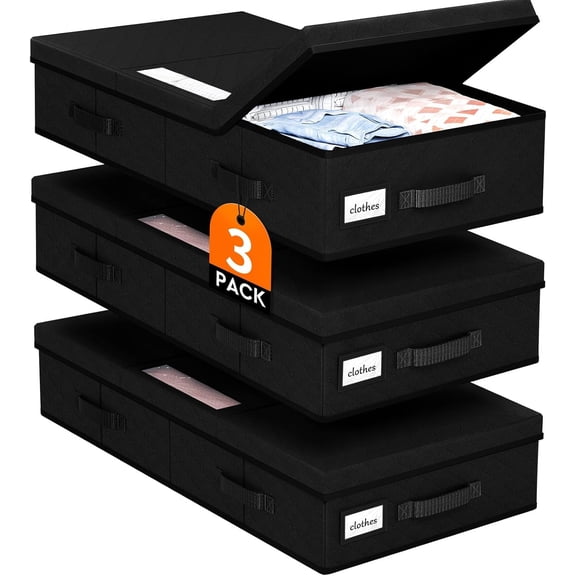 Under Bed Storage Containers with Lids - 3 Pack, Foldable and Stackable Clothes Storage Bags with Clear Window, 3-Sided Handles and Label Slot for Clothing, Blankets, Pillows (Black)
