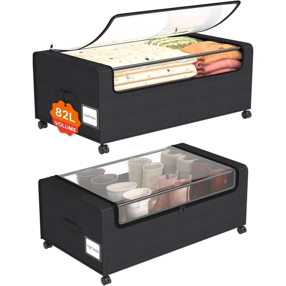Under Bed Storage Containers with Wheels,12 inch Under the Bed Storage Bins with Clear Lid for Underneath Small Spaces Dorms, Blankets (2 Pack, 30.7"x17.3"x12")