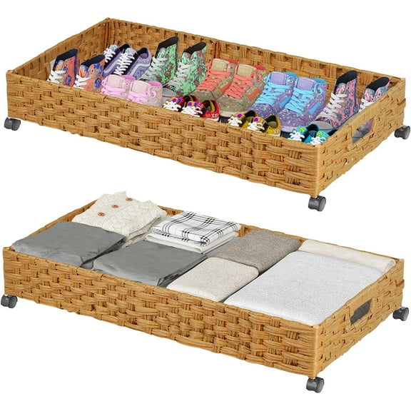 Under Bed Storage Containers with Wheels, 2 Pack 31.5in / 35L Handmade Rattan Underbed Organizer Drawer, Tool-free Assembly Rolling Under Bed Storage Bins for Shoes Clothes Toy Book