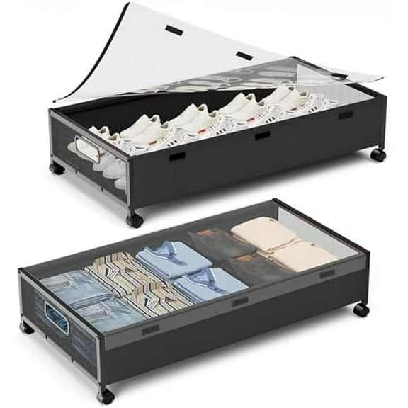 Under Bed Storage Containers with Wheels, 2 Pack Underbed Shoe Storage Organizer with Removable Lids, Large Rolling Under Bed Storage Dresser Drawers for Clothes Toys Shoes Blankets