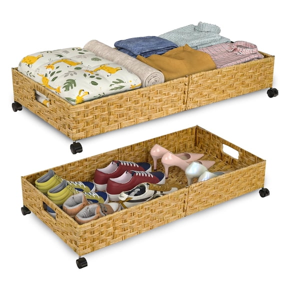 Under Bed Storage Containers with Wheels, 31.5” Large Handwoven Rattan Rolling UnderBed Storage Bins, Tool-free Assembly Natural Under The Bed Organizer Drawers for Bedroom, Sheets Clothes Blankets