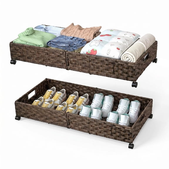 Under Bed Storage Containers with Wheels, 31.5” Large Handwoven Rattan Rolling UnderBed Storage Bins, Tool-free Assembly Natural Under The Bed Organizer Drawers for Bedroom, Sheets Clothes Blankets