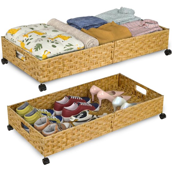 Under Bed Storage Containers with Wheels, 31.5 Large Handwoven Rattan Rolling UnderBed Storage Bins, Tool-free Assembly Natural Under The Bed Organizer Drawers for Bedroom, Sheets Clothes Blankets