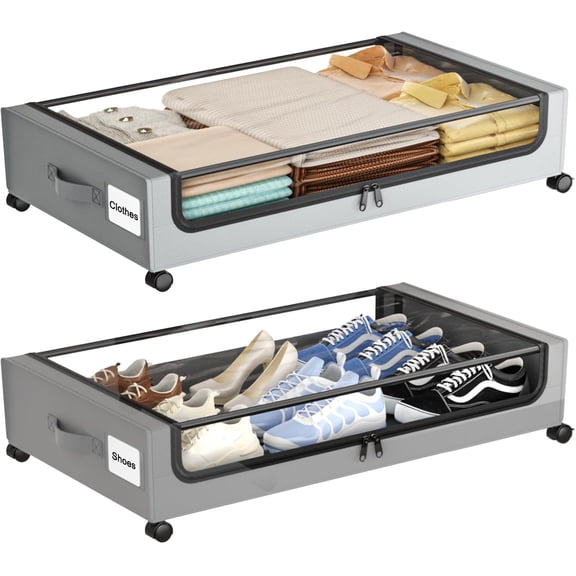 Under Bed Storage Containers with Wheels, Under Bed Shoe Storage Organizer Drawer, Tool-free Assembly Metal Storage Containers for Bedroom Clothes Shoes Blankets -2PCKGrey
