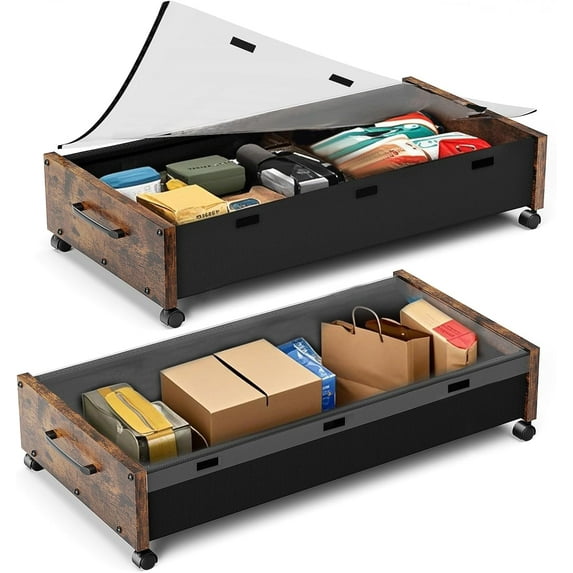 Under Bed Storage Containers with Wheels, Extra Large Wooden Underbed Shoes Organizer 2 Packs, Rolling Under the Bed Storage Drawers with Clear Lid, Heavy Duty Metal Frame for Clothes 36"L (Vintage)