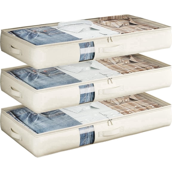 45L Under Bed Storage Containers, 3-Pack Storage Bins with Clear Top, Foldable Closet Organizers and Storage with Label Holder for Clothing, Blankets, Comforter & Pillows