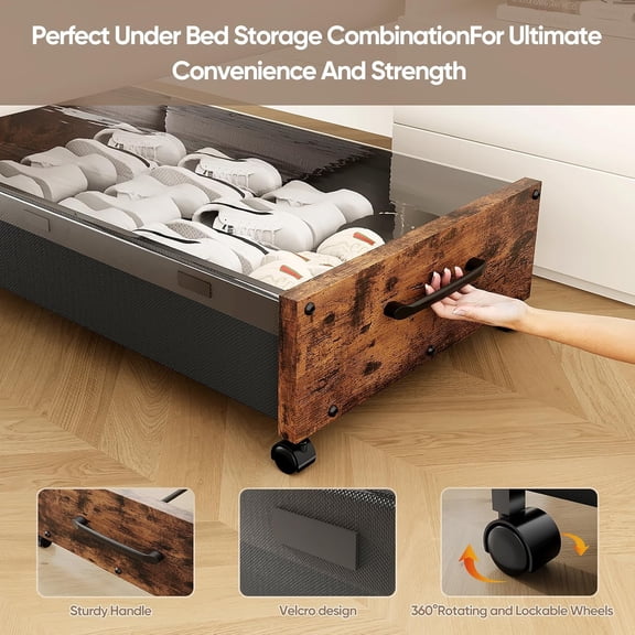 Under Bed Storage Drawers with Wheels, Wooden Rolling Bins with Removable Lids, Value Set of 2, Space-Saving Storage Organizer, For Clothes Shoes and Bedding
