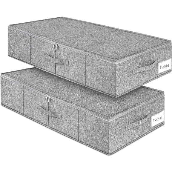 Under Bed Storage With Lids, 2 Pack Large Underbed Storage Containers Clothes W/ 3 Handles, Foldable Low Profile Stackable Drawer Organizer Bins Box for Blanket Shoe Bedroom, 31.1*15.7*6inch