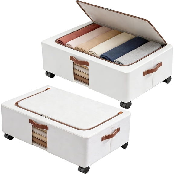 Under Bed Storage Organizer with Wheels - 2 Pack Large Foldable Underbed Drawer with Handle Side Clear Zipper Storage Bin Shoe Cloth Container for Bedroom Dorm