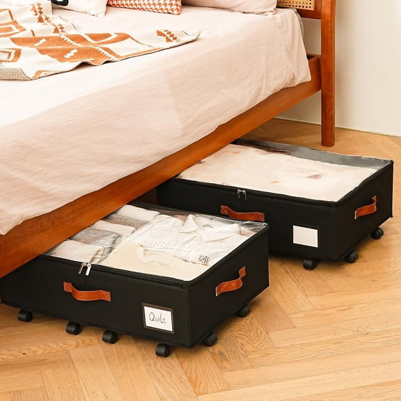 Under Bed Storage Organizer with Wheels, Underbed Container with Clear Lid Cover, Storage Bag Box with Visiable Window for Clothes, Bedsheet, Pillow, 2 Pack, 7.5 inches