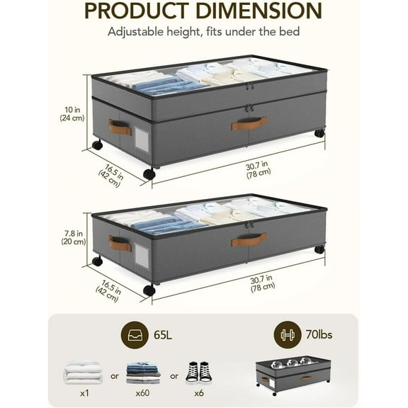 Under Bed Storage with Wheels, 10 inches Under Bed Storage Containers, 65L XXL Large Adjustable Underbed with Lids, Rolling Underbed Storage bins for Shoes, Clothes, Blankets, Grey