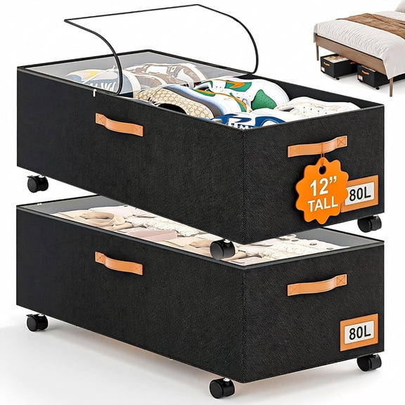 Under Bed Storage with Wheels, 12" Height Under Bed Storage Extra Deep Under Bed Storage Containers, Perfect for 14'' Bed Frame, No Assemble Metal Rolling Underbed Storage for Clothes Shoes Blankets