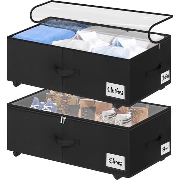 Under Bed Storage with Wheels, 2-Pack 10" Height XXL 60L Rolling Storage Bins, Quick Assembly Underbed Shoe Storage Containers with Clear Lid & Label, Dorm Under Bed Drawers for Clothes, Shoes, Black