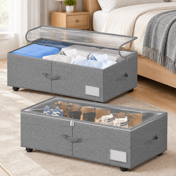 Under Bed Storage with Wheels, 2-Pack 10" Height XXL 75L Rolling Storage Bins, Quick Assembly Underbed Shoe Storage Containers with Clear Lid & Label, Under Bed Drawers for Clothes, Shoes, Grey