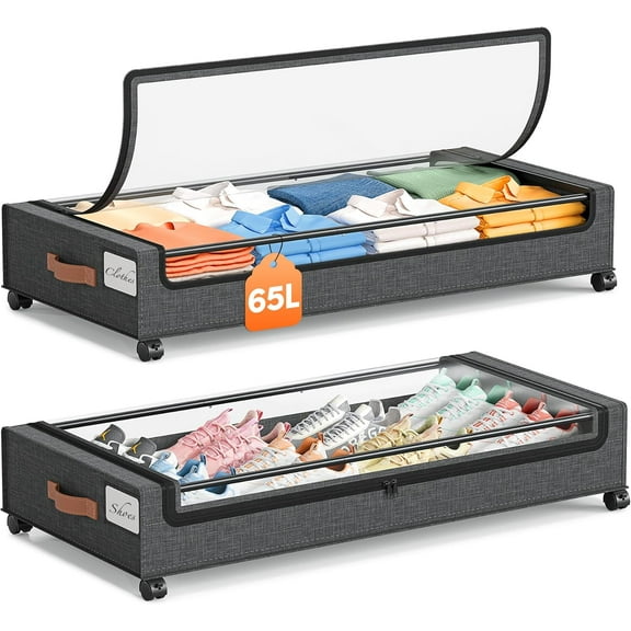 Under Bed Storage with Wheels 2 Pack, 65L Large Capacity Under Bed Storage Containers with Metal Frame & Clear Lid, Rolling Underbed Organizer Bins Drawers for Clothes, Shoes, Blankets, Grey