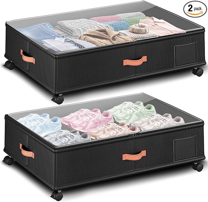 Under Bed Storage with Wheels 2-Pack – 66L XXL Larger Stackable Under ...